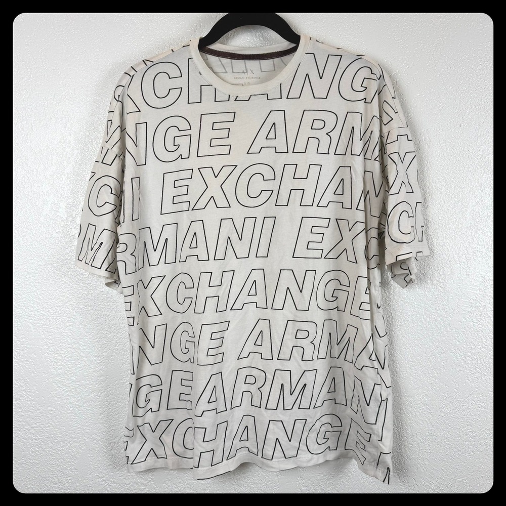 Armani‎ Exchange Mens Graphic T Shirt All Over Logo Print White Size XS